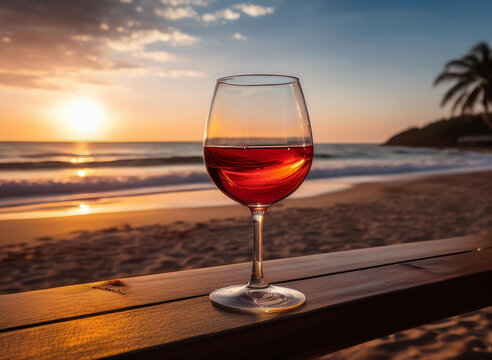 verre de vin sur une table, devant un coucher de soleil sur une plage