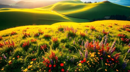 Breathtaking rolling farmland with vibrant wildflowers under bright sunshine capturing a scenic countryside environment