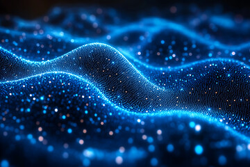 An abstract digital background highlighted by connecting blue and black data points, representing futuristic networks, technology, and artificial intelligence