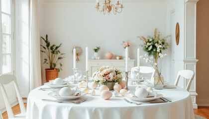 A bright dining table set with pastel Easter eggs, fresh flowers, and candles in an airy white interior.