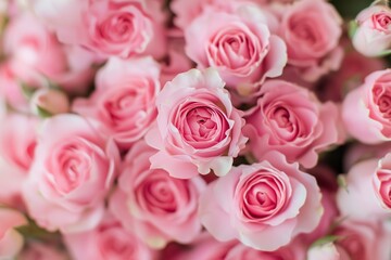 Fototapeta premium .A tightly packed arrangement of fresh pink roses in full bloom, their velvety petals layered in a mesmerizing spiral pattern.