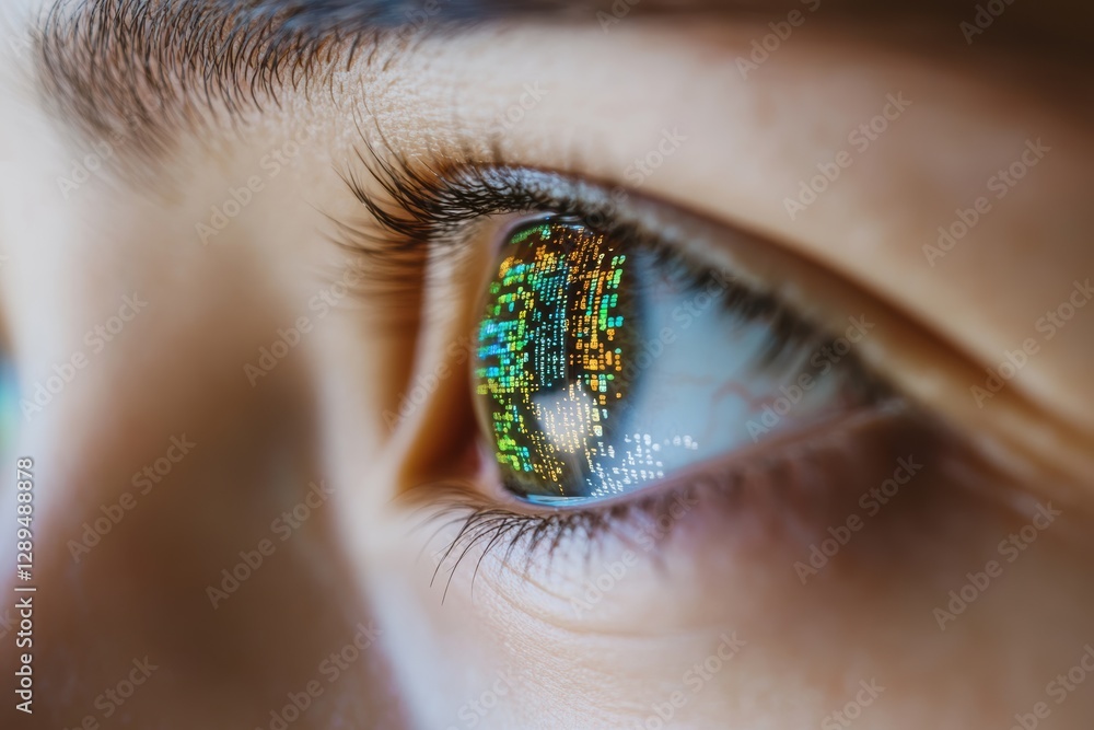 Poster program code reflected in the eyes of a dedicated programmer focused on their task