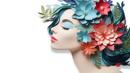 Profile of a beautiful woman with flowers decoration on head. Paper applique. March 8. Beauty, salon decor.