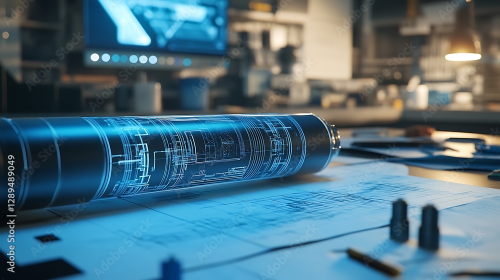 Poster examining rolled blueprint design on desk in engineering office setting