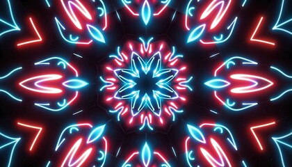 Symmetrical Neon Mandala in Blue and Red Represents Spirituality
