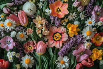 Obraz premium Top down view, many spring flowers, tulips, daffodils, daisies, chamomile, lilac, background made of flowers, soft light pastel colors