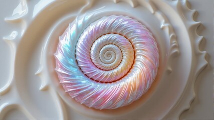 A colorful spiral shell is on a white background