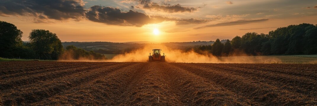 Spreading organic fertilizer on a farm field at sunset