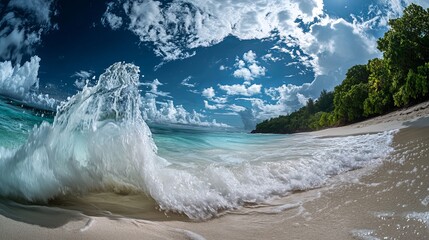 Waves crashing on pristine beach tropical paradise nature photography sunny day low angle serenity and beauty