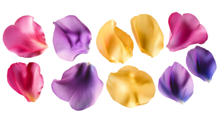 Collection Of Assorted Decorative Petals Pink Yellow And Purple For Nature-Themed Ads And Promotions isolated on transparent background. Generative ai