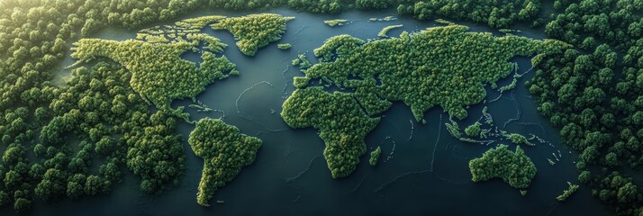 World map created from green trees illustrating global environmental richness