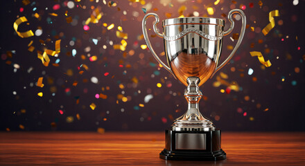 Shiny silver trophy on a wooden table with sparkling confetti in the background