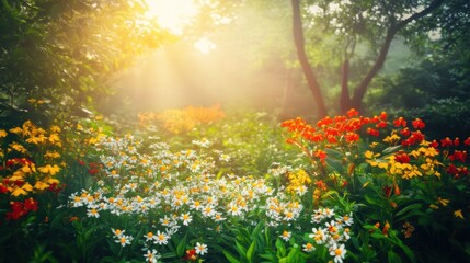 Obraz premium Beautiful colorful wild flowers in deep foggy forest with sun light in Spring.
