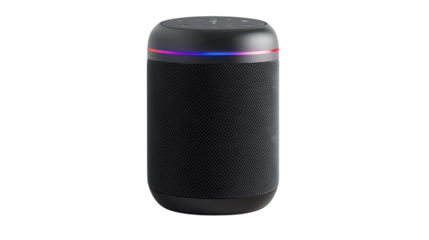 Smart home speaker with LED indicator, voice assistant technology, future of home automation concept, isolated on a white background