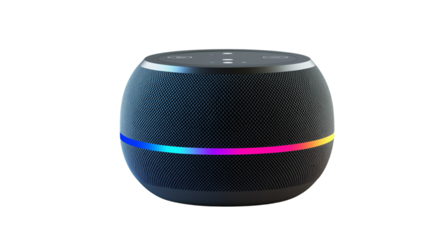 Smart home speaker with LED indicator, voice assistant technology, future of home automation concept, isolated on a white background