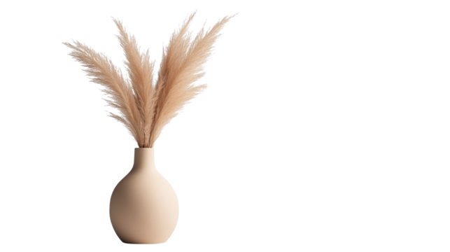 Stylish ceramic vase with dried pampas grass, minimalistic home decor concept, interior design inspiration, isolated on a white background