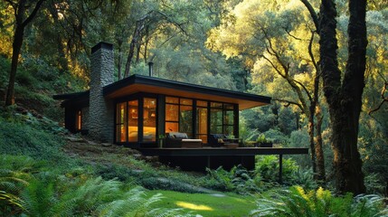 Modern cabin in forest setting with large windows surrounded by lush greenery and trees