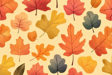 Autumn Leaves Seamless Pattern Design Warm Color Palette Red Orange Yellow Brown Green Leaves Beige
