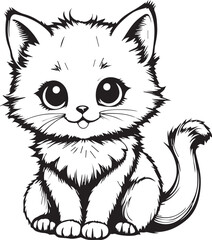 Cute Fluffy Kitten Black and White Vector Illustration and Digital Art for Stickers