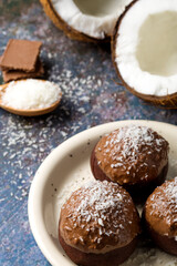 Delicious homemade chocolate coconut cookies, close-up.