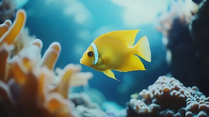 Obraz premium Yellow Clownfish Swims in Vibrant Coral Reef