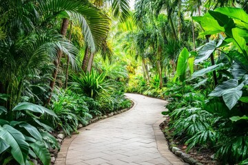 Serene Pathway Through Lush Greenery - A winding pathway surrounded by vibrant tropical plants invites exploration in a serene garden setting