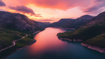 Naklejka premium An aerial view of a hydroelectric reservoir reflecting a dramatic sunset surrounded by mountains.
