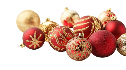Fototapeta premium Festive Christmas ornaments in red and gold, holiday decoration concept, isolated on a white background