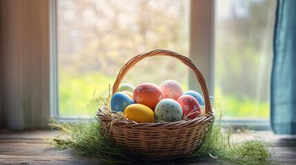 A wicker basket filled with colorful decorated Easter eggs placed on a wooden surface near a bright window with greenery outside  
