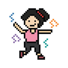 Naklejka premium Cartoon pixel character cute woman exercises training dance lifestyle music decoration life style 8 bit female girl dance with music game 8bit fitness isolated PNG vector.