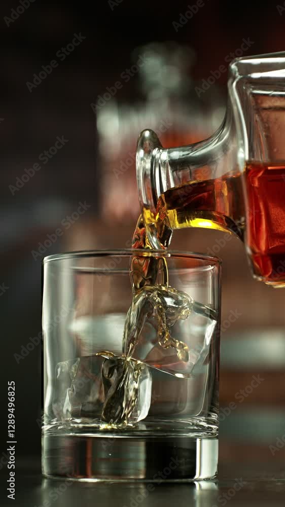 Poster super slow motion of pouring whiskey into glass. filmed on high speed cinema camera, 1000 fps. camer