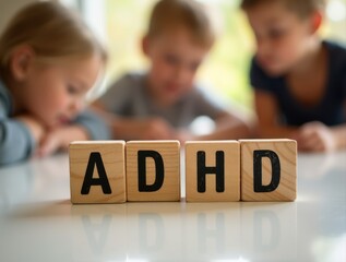 Fototapeta premium Wooden cubes showing adhd acronym with blurry children in background