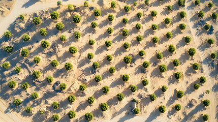 An aerial view of a vast Saudi Arabian desert transformed into solar farms with futuristic urban oases.