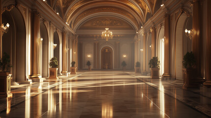 Obraz premium Luxurious Grand Hall with Ornate High Ceilings, Intricate Wall Moldings, and Polished Marble Floors, Creating an Elegant and Sophisticated Backdrop with Warm Lighting and a Spacious Atmosphere