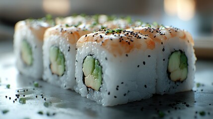 Delicious sushi rolls, restaurant setting, close-up, background bokeh