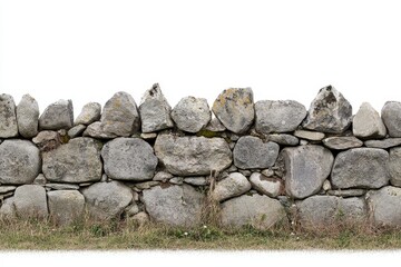 Textured Stone Wall with Grass Background - A rustic stone wall highlighting various sized stones with a natural grass foreground and a solid white background