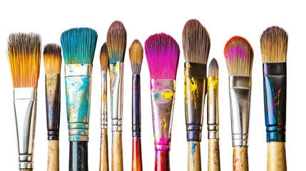 Set of paintbrushes with dried paint on bristles, artistic tools for painters and creatives, isolated on a white background