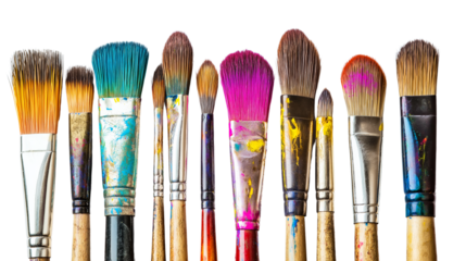 Set of paintbrushes with dried paint on bristles, artistic tools for painters and creatives, isolated on a white background