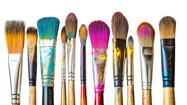 Set of paintbrushes with dried paint on bristles, artistic tools for painters and creatives, isolated on a white background