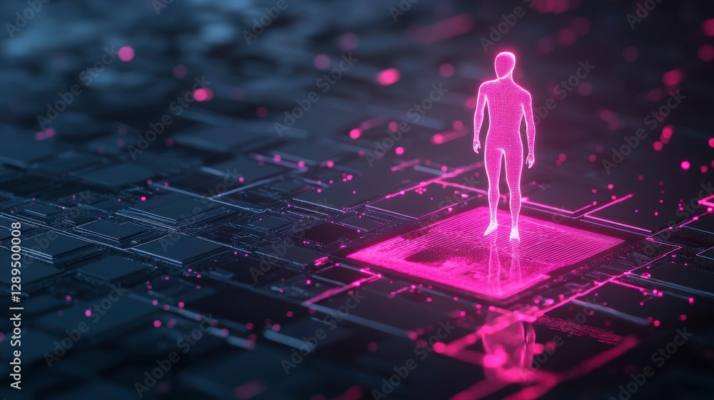 Poster abstract figure on glowing circuit board. possible stock use