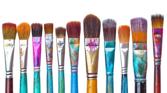 Set of paintbrushes with dried paint on bristles, artistic tools for painters and creatives, isolated on a white background