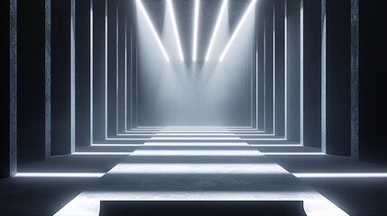 Futuristic concrete corridor with bright light and shadows cast
