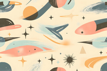 Retro Mid-Century Abstract Seamless Pattern with Celestial Motifs in Pastel Tones