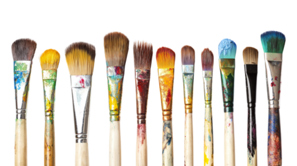 Set of paintbrushes with dried paint on bristles, artistic tools for painters and creatives, isolated on a white background
