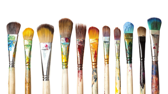 Set of paintbrushes with dried paint on bristles, artistic tools for painters and creatives, isolated on a white background