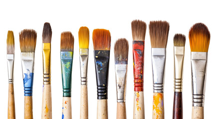 Fototapeta premium Set of paintbrushes with dried paint on bristles, artistic tools for painters and creatives, isolated on a white background