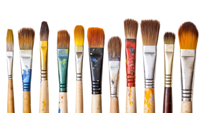 Set of paintbrushes with dried paint on bristles, artistic tools for painters and creatives, isolated on a white background