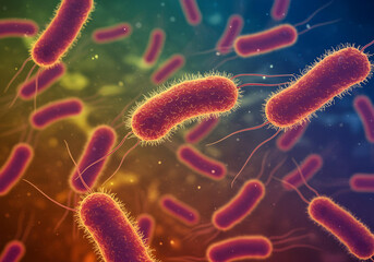 A vibrant depiction of bacteria in an abstract environment, showcasing their movement and interaction with light.