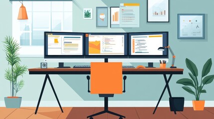 Naklejka premium Remote Work Setup with Dual Monitors and Tidy Desk