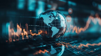 Global market trends, globe on financial data display, for analysis & investment strategy